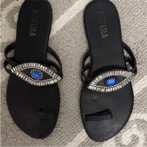 LAST CHANCE❗️ Miss Lola Black Sandals with evil eye Silver and Blue rhinestones